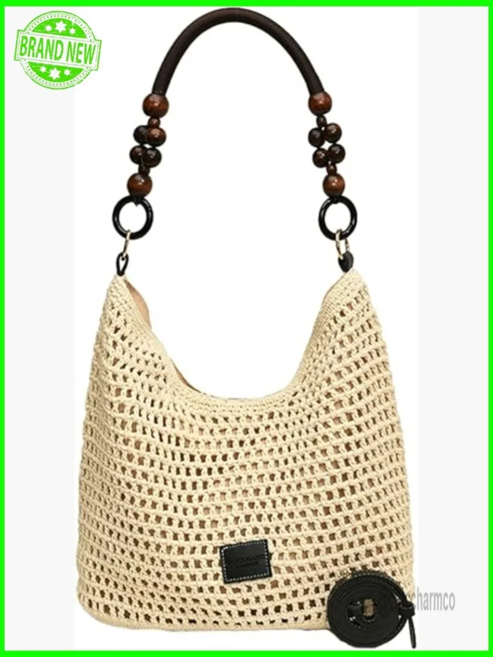 Crochet Cotton Hobo Shoulder Bag, Woven Mesh Beach Purse with Bead Accent